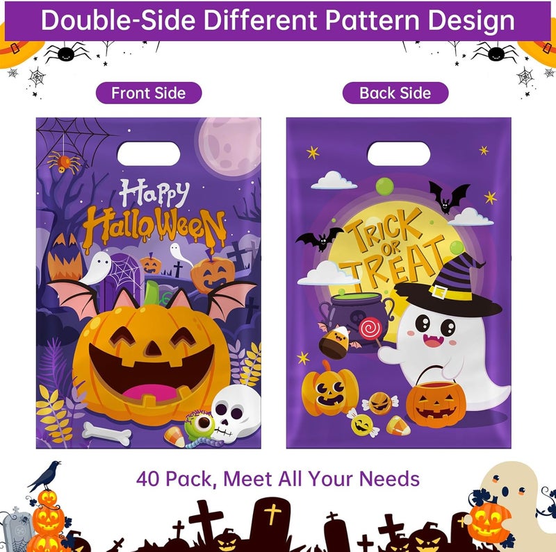 PERFQU 40 Pcs Happy Halloween Treat Bags with Handles-Trick or Treat Halloween Goodie Bags for Kids, Cute Ghost Pumpkin Halloweens Plastic Candy Goody Gift Bags for Halloweens Party Decorations Supplies Favors - Image 3